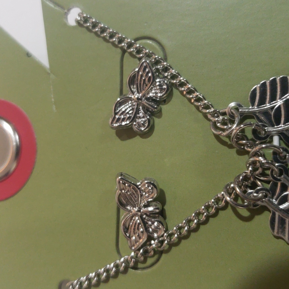 Silver-Tone Leaf Charm Necklace & Butterfly Stud Earrings Set – Nature Jewelry - Picture 6 of 9